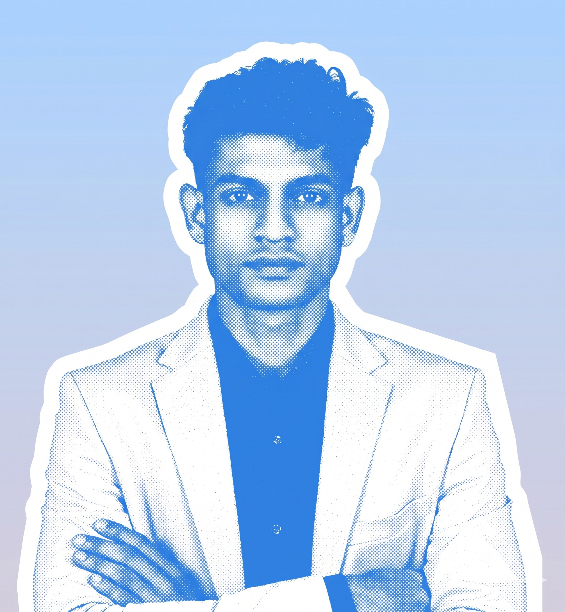 Stylized blue duotone portrait of a person facing the camera with arms crossed